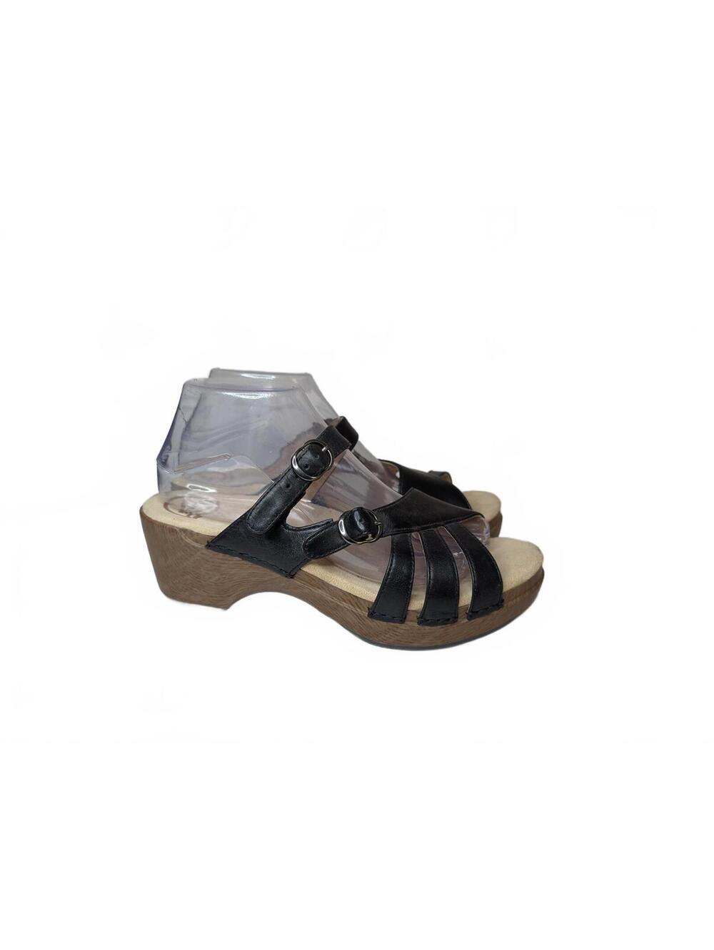 Dansko Sophie Black Leather Low-Profile Wood-Look‎ Wedge Sandals Size 40